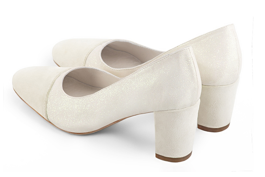 Off white women's dress pumps,with a square neckline. Round toe. Medium block heels. Rear view - Florence KOOIJMAN